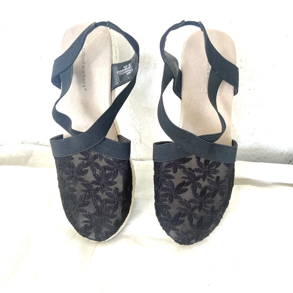 Cloud Walkers Black Round Toe Lace Elastic Slingback Espadrilles Wedge Sandals! - Picture 2 of 6